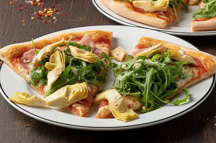 Pizza Milanese – Cremige Pizza mit Gorgonzola, Prosciutto und Rucola 4 Pizza Milanese mit Artischocken angerichtet