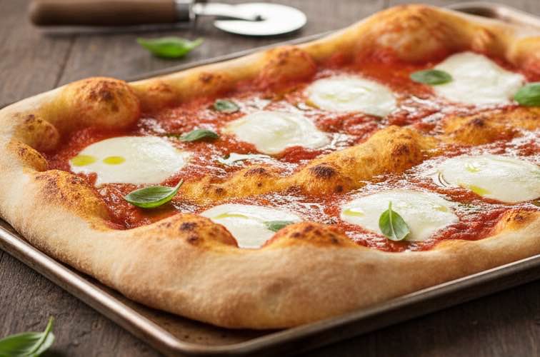 Italienische Pizza Romana in Teglia – knusprig, aromatisch und traditionell 4 Pizza Romana in Teglia Pizza auf einem Blech gebacken