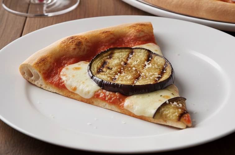 Pizza di Melanzane – Italienische Auberginen-Pizza wie in Kampanien 3 Pizza di Melanzane ein Stück auf einem Teller