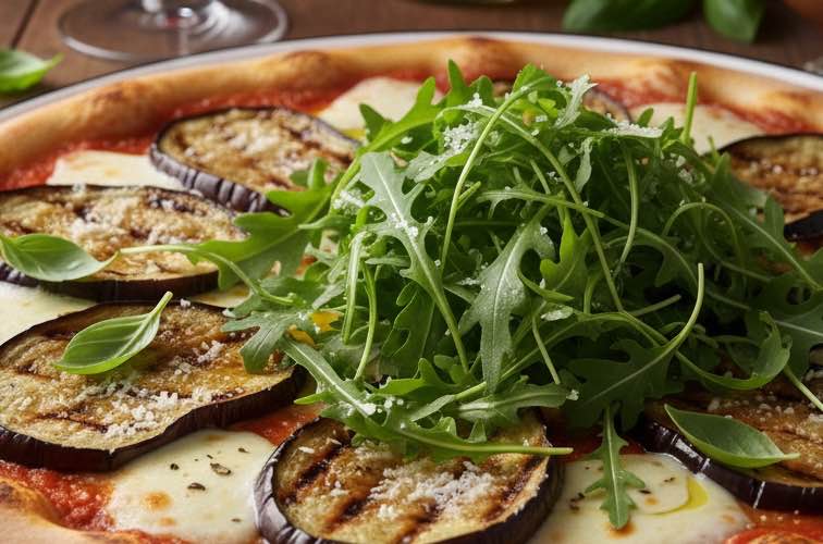 Pizza di Melanzane – Italienische Auberginen-Pizza wie in Kampanien 4 Pizza di Melanzane mit Rucola serviert