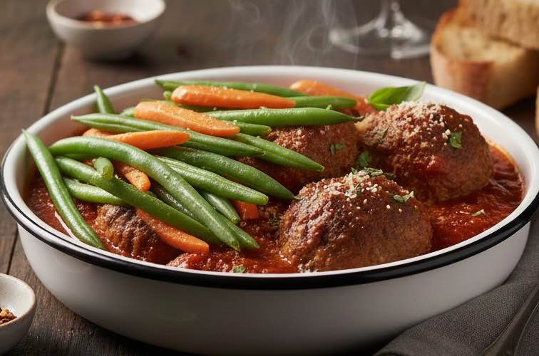 Polpette Napoletana – Das klassische Rezept der neapolitanischen Fleischbällchen 4 Polpette Napoletana mit gedünstetem Gemüse angerichtet