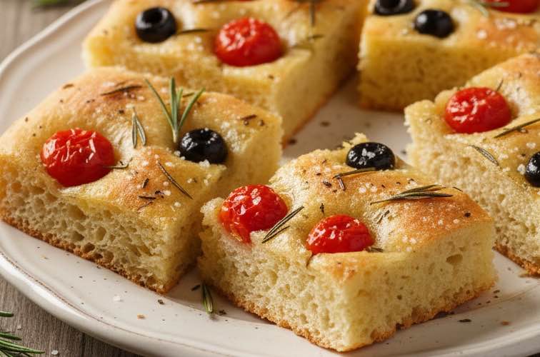 Pugliese Focaccia – Der Duft Apuliens auf Ihrem Tisch 3 Pugliese Focaccia aus einem Teller angerichtet