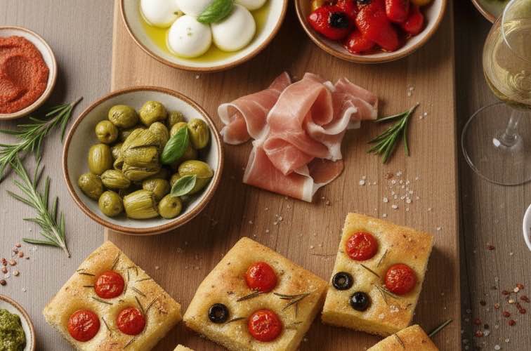 Pugliese Focaccia – Der Duft Apuliens auf Ihrem Tisch 4 Pugliese Focaccia mit Antipasti angerichtet