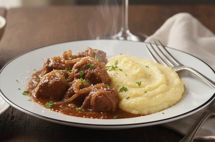 Ragout Genovese – Traditionelles ligurisches Schmorgericht mit Zwiebeln 4 Ragout Genovese mit cremiger Polenta angerichtet