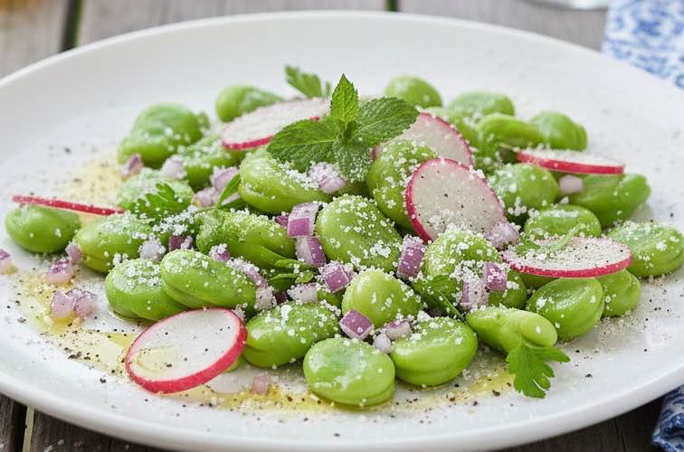 Rezept dicke Bohnen mediterran – Insalata di Fave: Frisch und aromatisch 3 Rezept dicke Bohnen mediterran auf einem Teller angerichtet