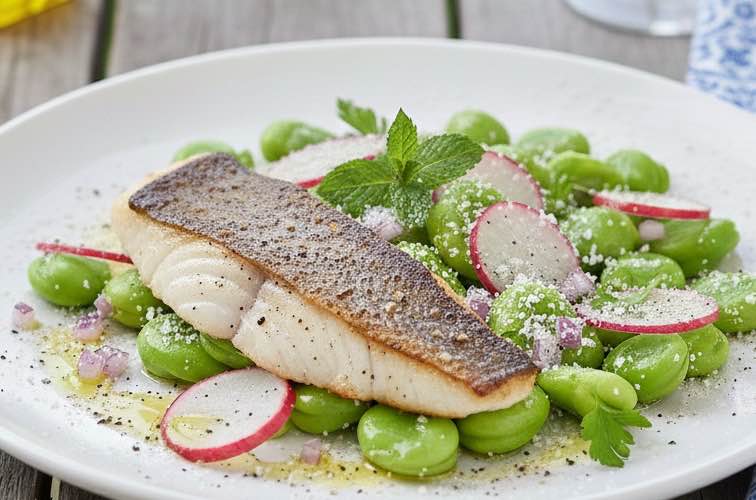 Rezept dicke Bohnen mediterran – Insalata di Fave: Frisch und aromatisch 4 Rezept dicke Bohnen mediterran mit Zander angerichtet