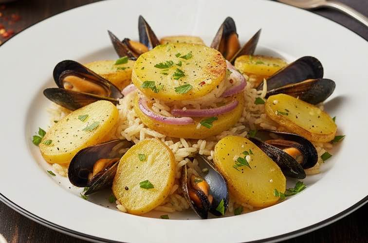 Riso con Cozze e Patate – Italienische Meeresküche auf dem Teller 3 Riso con Cozze e Patate auf einem Teller angerichtet