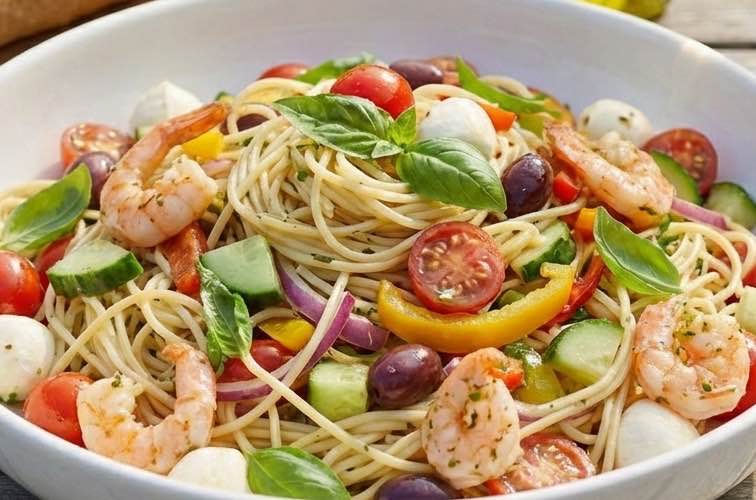 Spaghettini Salat – Frisch, leicht und mediterran genießen 4 Spaghettini Salat mit Garnelen serviert