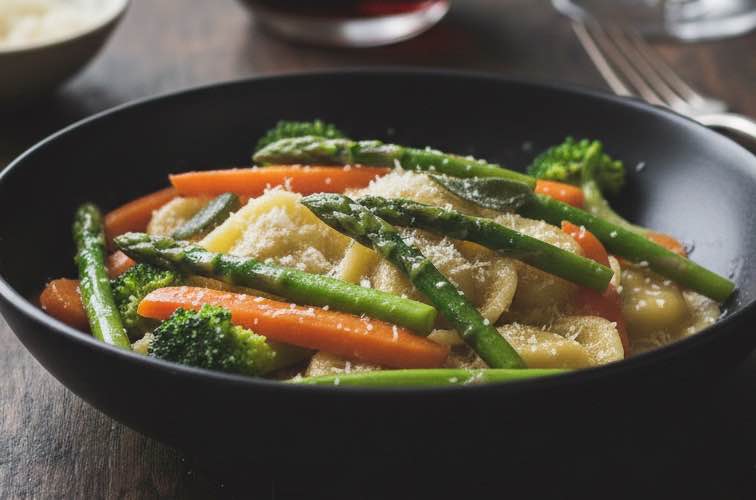 Agnolotti del Plin – Kleine Pasta mit großer Tradition aus Piemont 4 Agnolotti del Plin mit gedünstetem Gemüse angerichtet