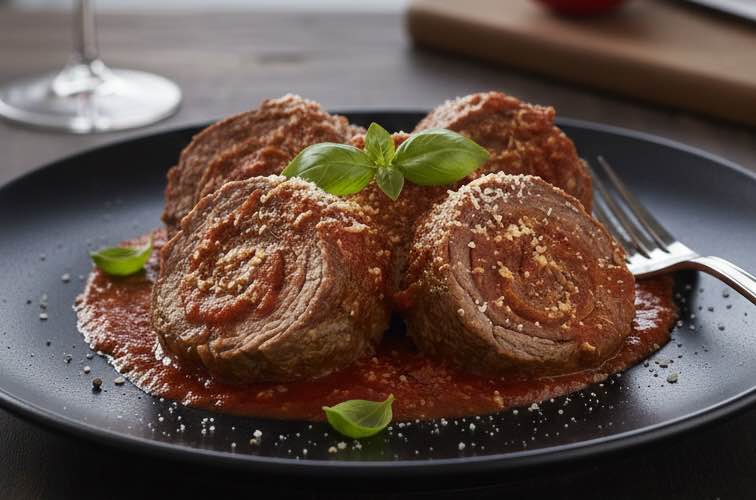 Braciole al Sugo – Gefüllte Fleischröllchen in klassischer Tomatensauce 3 Braciole al Sugo besonders angerichtet