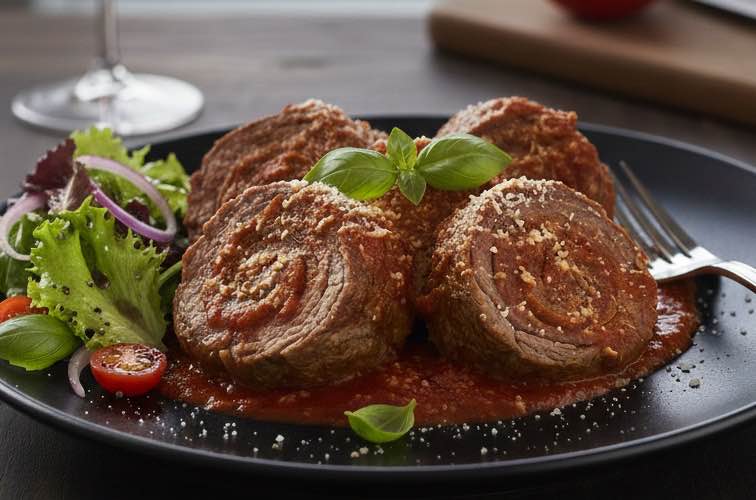 Braciole al Sugo – Gefüllte Fleischröllchen in klassischer Tomatensauce 4 Braciole al Sugo mit Salat angerichtet