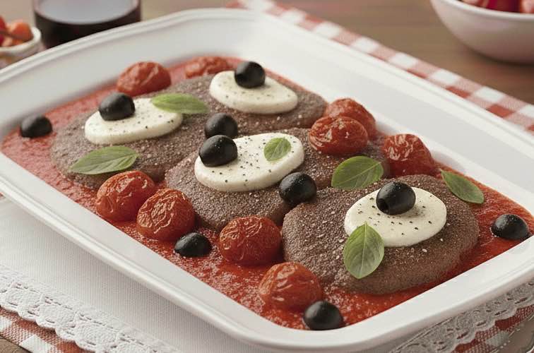 Fettina alla Pizzaiola – zarte Fleischscheiben in aromatischer Sauce 3 Fettina alla Pizzaiola auf einer Platte angerichtet