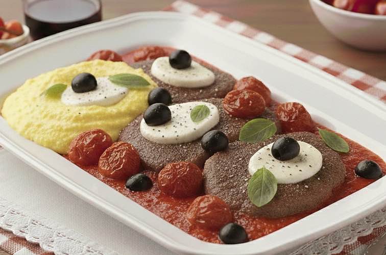 Fettina alla Pizzaiola – zarte Fleischscheiben in aromatischer Sauce 4 Fettina alla Pizzaiola mit Polenta angerichtet