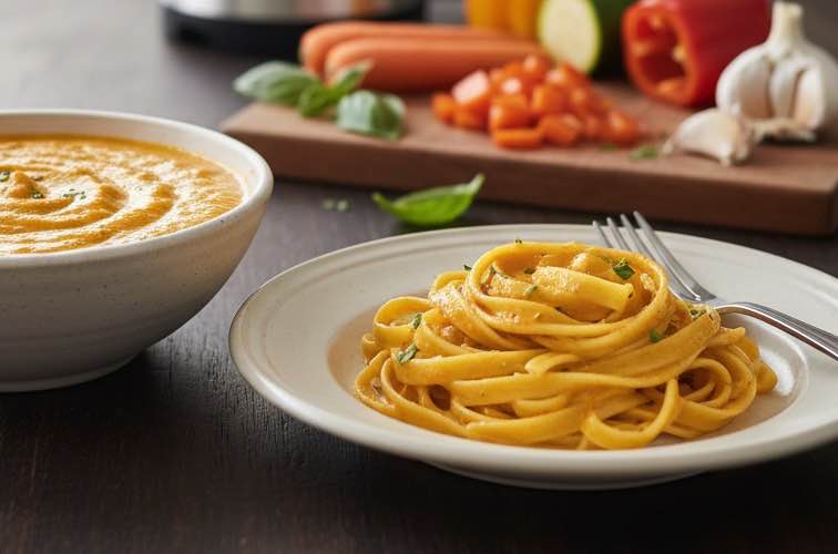 Gemüsesauce püriert für Pasta – Frisch, leicht und aromatisch 3 Gemüsesauce püriert für Pasta mit Pasta serviert