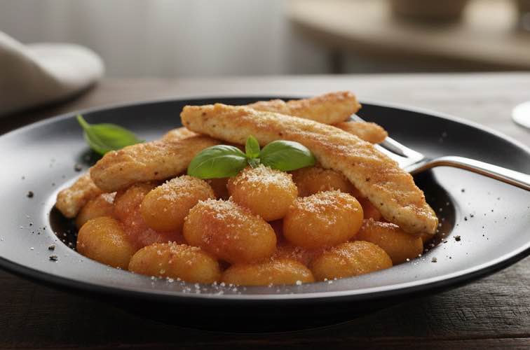 Gnocchi Aurora – Cremige Tomaten-Sahne-Sauce für Gnocchi 4 Gnocchi Aurora mit gebratenen Hänchenstreifen