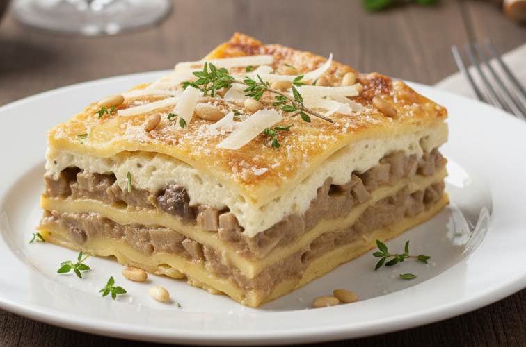 Lasagne al Sugo di Funghi – Cremige Pilz-Lasagne nach italienischer Art 4 Lasagne al Sugo di Funghi mit Pinienkernen und Pecorino Hobeln