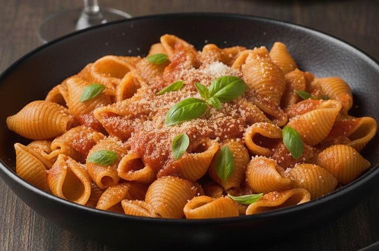 Lumache al Sugo – Traditionelle italienische Nudeln in aromatischer Tomatensauce 3 Lumache al Sugo in einer Schüssel serviert
