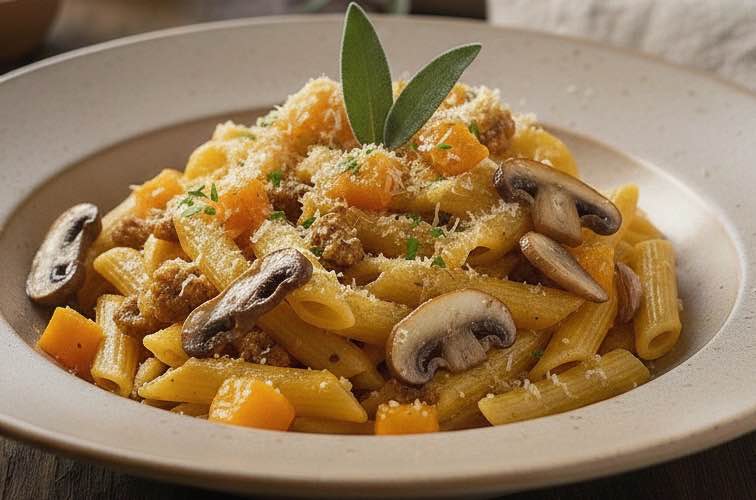 Penne alla Mantovana – Traditionelle Pasta aus Mantua 4 Penne alla Mantovana mit Pilzen angerichtet