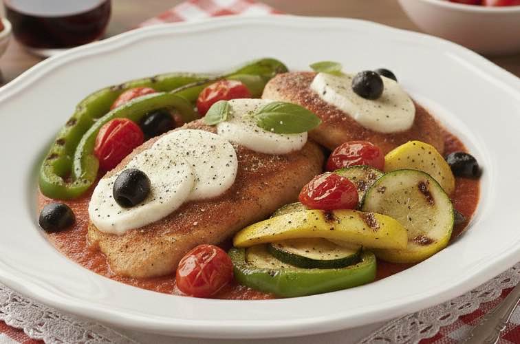 Pollo alla Pizzaiola – Zartes Hähnchen in aromatischer Tomatensauce 4 Pollo alla Pizzaiola mit gegrillem Gemüse angerichtet