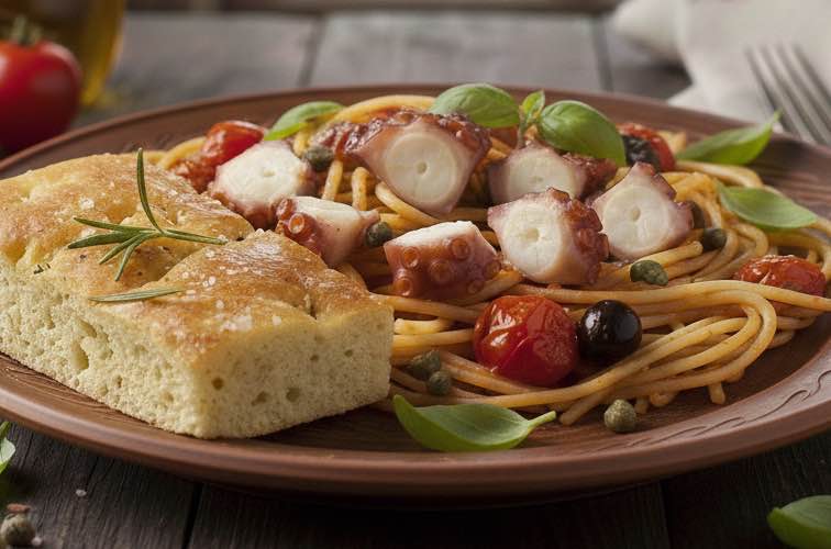 Polpo alla Luciana con Spaghetti – Originalrezept aus Neapel 4 Polpo alla Luciana con Spaghetti mit Focaccia angerichtet