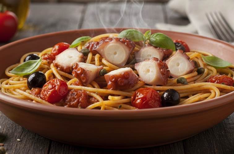 Polpo alla Luciana con Spaghetti – Originalrezept aus Neapel 3 Polpo alla Luciana con Spaghetti mit kleingeschnittenem Oktopus