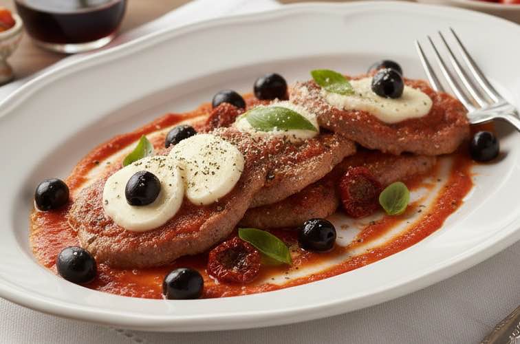 Scaloppine alla Pizzaiola – Zartes Fleisch in würziger Tomatensauce 3 Scaloppine alla Pizzaiola besonders angerichtet