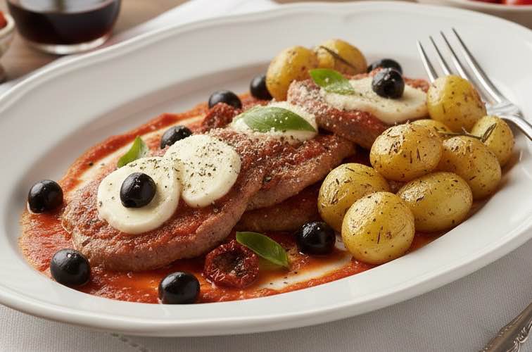 Scaloppine alla Pizzaiola – Zartes Fleisch in würziger Tomatensauce 4 Scaloppine alla Pizzaiola mit Kartoffeln angerichtet