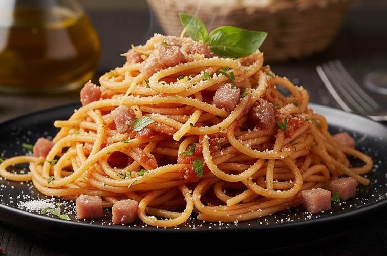 Spaghetti alla Barrocciaia – Mediterrane Pasta mit regionalem Flair 3 Spaghetti alla Barrocciaia mit viel Pancetta angerichtet