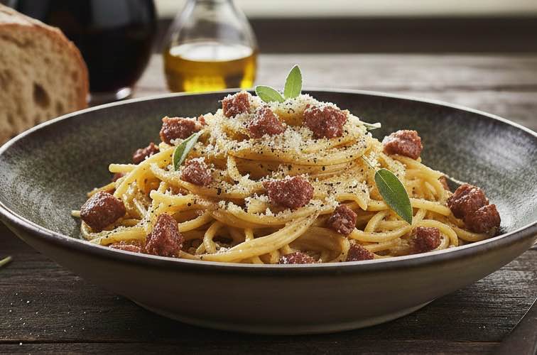 Spaghetti alla Bastarda – ein raues Pastagericht mit ehrlicher Seele 4 Spaghetti alla Bastarda mit Salsiccia angerichtet