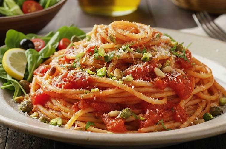 Spaghetti alla Brontese – Authentischer Geschmack Siziliens 4 Spaghetti alla Brontese mit Blattsalat angerichtet