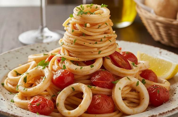Spaghetti alla Calamarata: Das Originalrezept mit frischen Calamari 3 Spaghetti alla Calamarata besonders angerichtet
