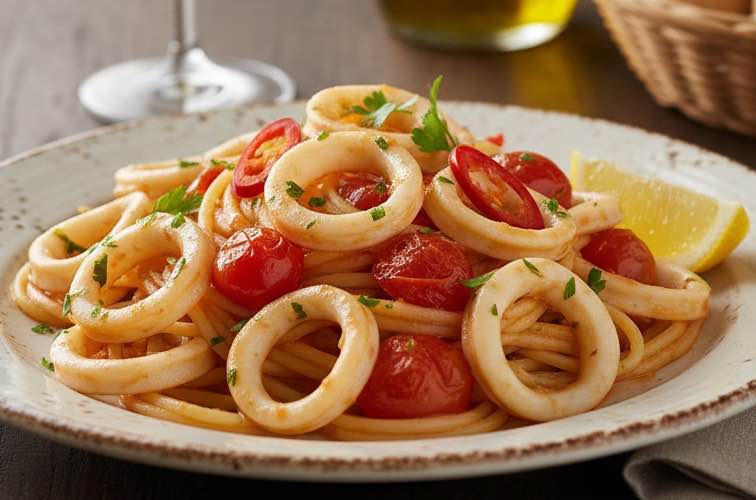 Spaghetti alla Calamarata: Das Originalrezept mit frischen Calamari 2 Spaghetti alla Calamarata ein Gericht aus Kampanien