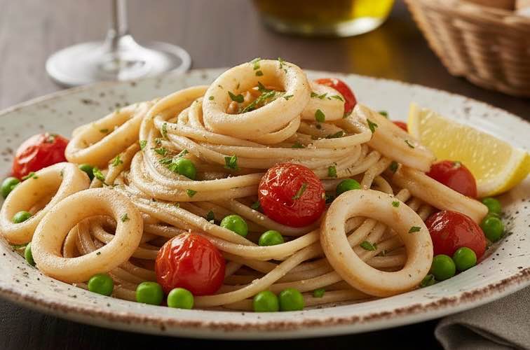 Spaghetti alla Calamarata: Das Originalrezept mit frischen Calamari 4 Spaghetti alla Calamarata mit Erbsen angerichtet