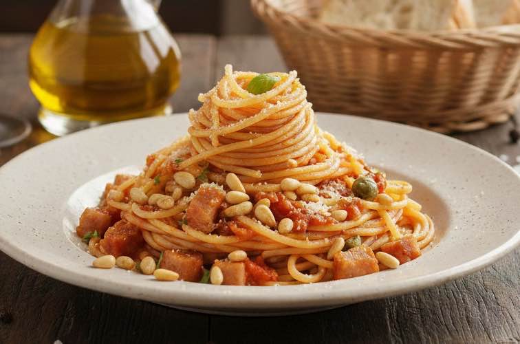 Spaghetti alla Chiantigiana – Aromatische Pasta aus dem Herzen der Toskana 3 Spaghetti alla Chiantigiana mit Pinienkernen angerichtet