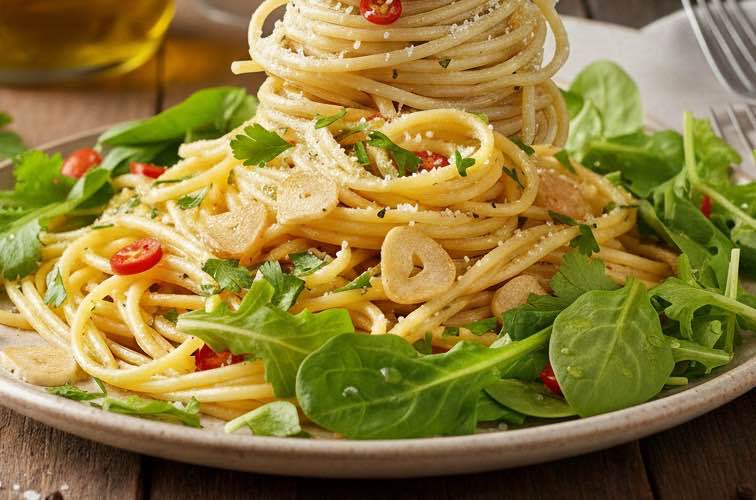 Spaghetti alla Debosciata – Die aromatische Spezialität aus Ligurien 4 Spaghetti alla Debosciata mit Blattsalat angerichtet