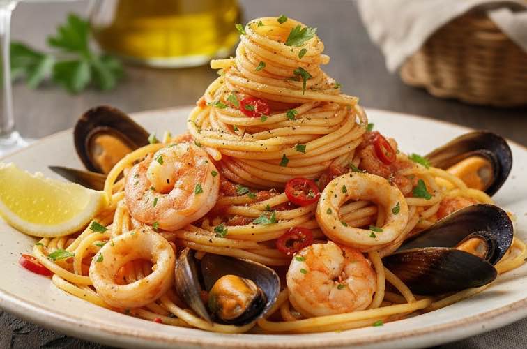 Spaghetti alla Diamantese – Originalrezept aus Kalabrien mit Meeresfrüchten 3 Spaghetti alla Diamantese besonders angerichtet