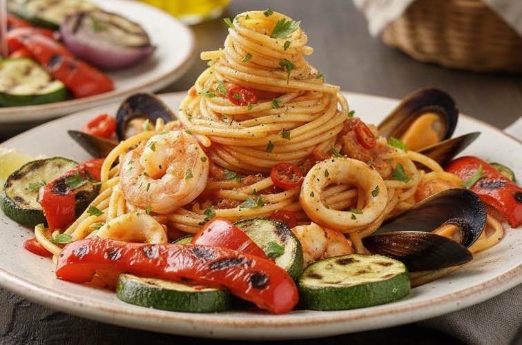 Spaghetti alla Diamantese – Originalrezept aus Kalabrien mit Meeresfrüchten 4 Spaghetti alla Diamantese mit gegrilltem Gemüse angerichtet