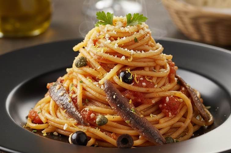 Spaghetti alla Garibaldina – Pasta inspiriert von italienischer Geschichte 4 Spaghetti alla Garibaldina mit Oliven, Kapern und Zitrone angerichtet