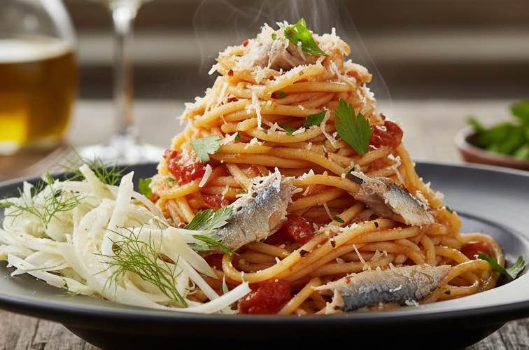 Spaghetti alla Lampara – Küstenpasta aus dem Licht der Fischerboote 4 Spaghetti alla Lampara mit Fenchelsalat angerichtet