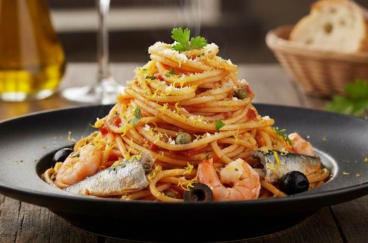 Spaghetti alla Lampedusana – Geschmack der sizilianischen Inselwelt 4 Spaghetti alla Lampedusana mit Zitronenschale angerichtet