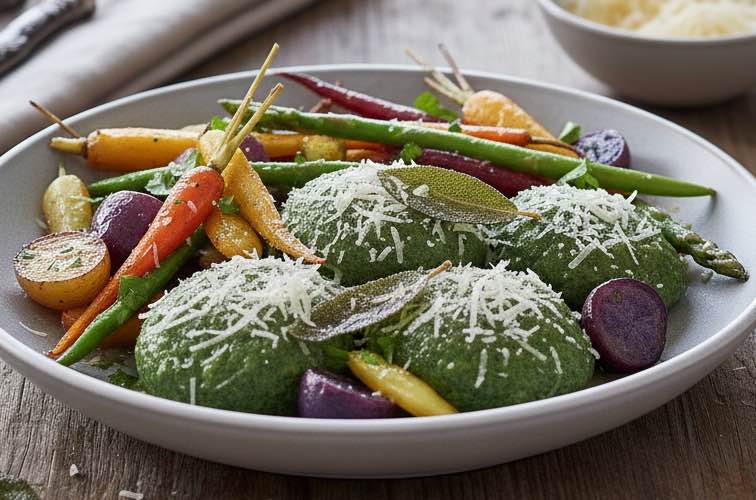 Spinatnockerl Südtirol – Originalrezept der alpinen Küche Norditaliens 4 Spinatnockerl Südtirol mit Gemüse angerichtet