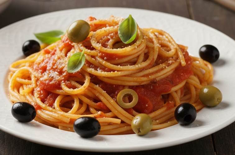 Sugo al Peperone – Aromatische Paprika-Sauce für Pasta & mediterrane Gerichte 4 Sugo al Peperone mit Oliven und Kapern angerichtet