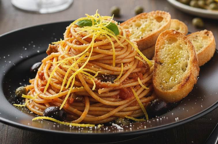 Sugo al Tonno – Authentische italienische Thunfischsauce für Pasta 4 Sugo al Tonno mit Zitronenschale und geröstetem Brot angerichtet