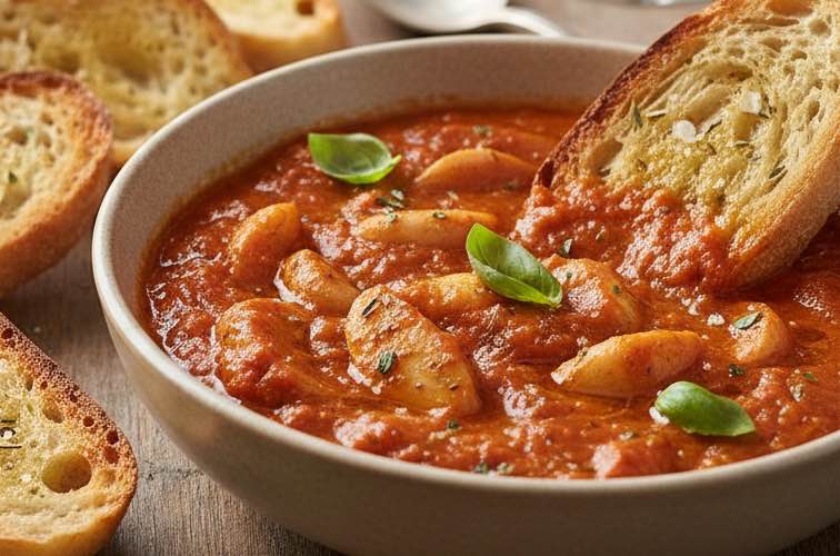 Sugo all’Aglione – Originalrezept aus der Toskana mit mildem Knoblauch 4 Sugo all’Aglione mit geröstetem Brot serviert