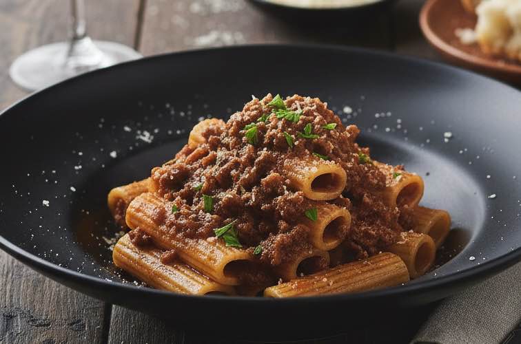 Sugo alla Genovese – Das Originalrezept aus Kampanien für Pasta 3 Sugo alla Genovese in einer Schüssel angerichtet
