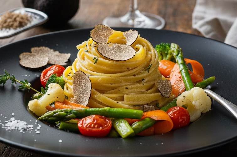 Tagliatelle Tartufo – Originalrezept mit frischem Trüffel aus Italien 4 Tagliatelle Tartufo mit frischem Gemüse angerichtet