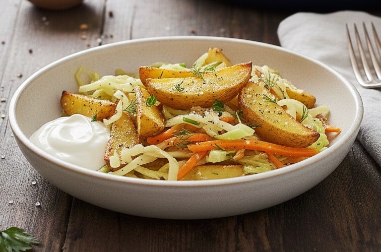 Weißkohl Möhren Pfanne – Mediterranes Gemüsegericht einfach zubereitet 4 Weißkohl Möhren Pfanne mit Kartoffeln serviert