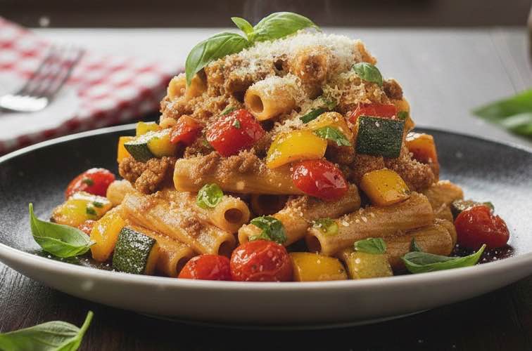 Ziti al Ragù – Originalrezept der italienischen Klassiker-Pasta 4 Ziti al Ragù mit geröstetem Gemüse serviert