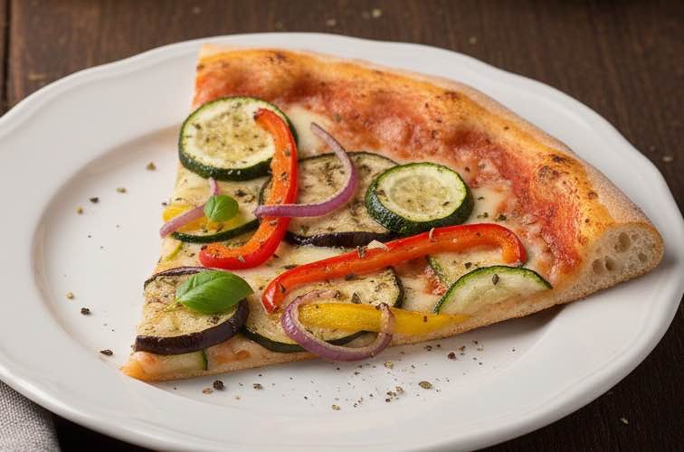 Ortolana Pizza – Mediterrane Gemüsepizza wie in Italien 3 Ortolana Pizza ein Stück Pizza auf einem Teller