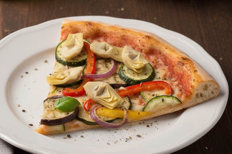 Ortolana Pizza – Mediterrane Gemüsepizza wie in Italien 4 Ortolana Pizza mit Artischockenherzen serviert